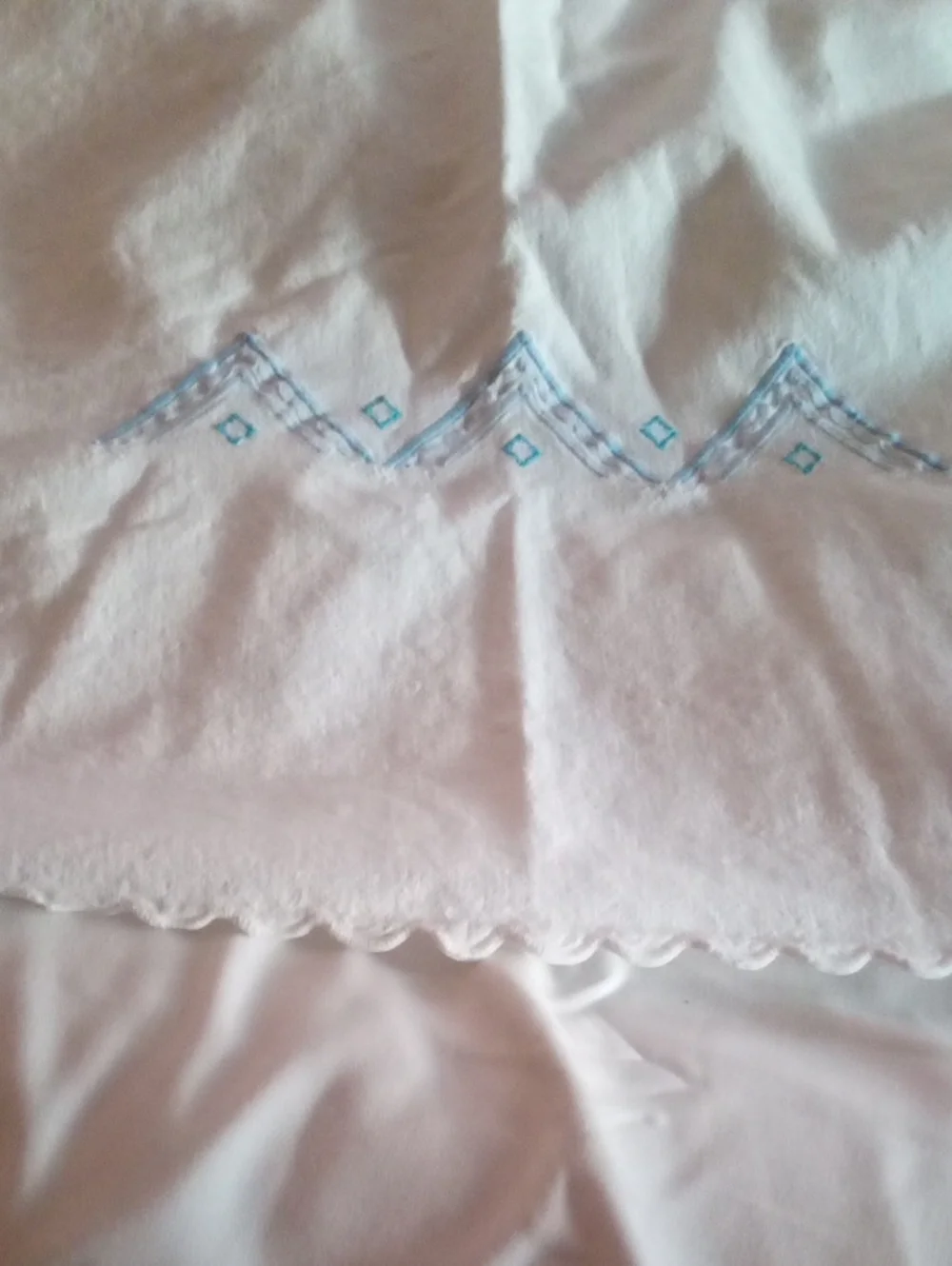Embroidered White Linen Cotton Italian Tablecloth Vintage with Blue Accent